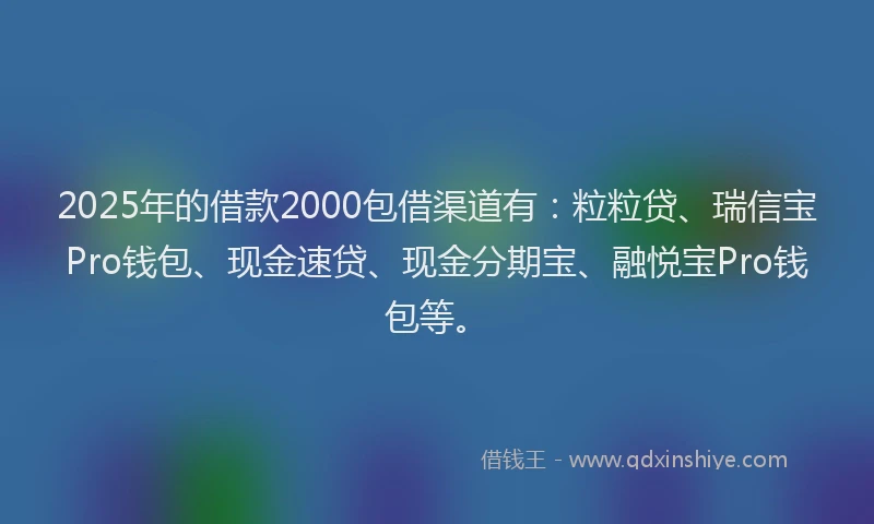 2025年的借款2000包借渠道有：粒粒贷、瑞信宝Pro钱包、现金速贷、现金分期宝、融悦宝Pro钱包等。