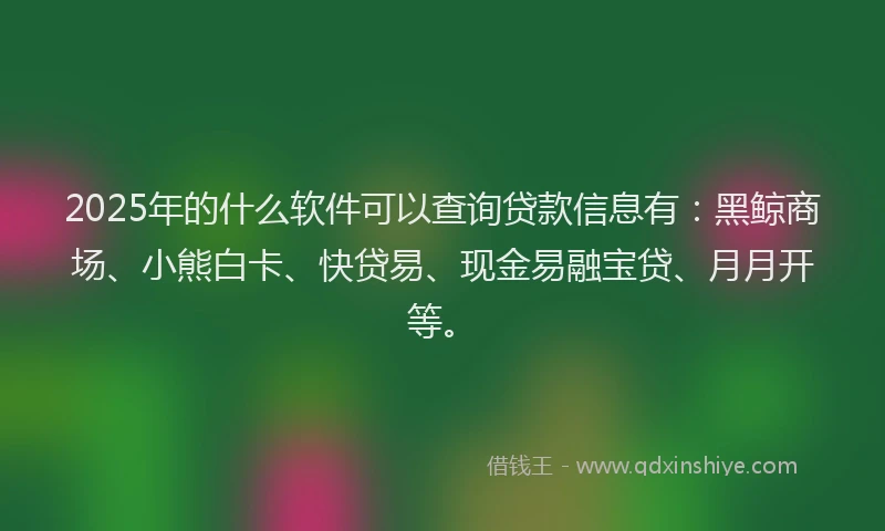 2025年的什么软件可以查询贷款信息有：黑鲸商场、小熊白卡、快贷易、现金易融宝贷、月月开等。