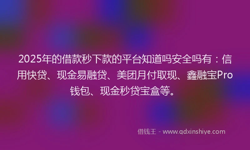 2025年的借款秒下款的平台知道吗安全吗有：信用快贷、现金易融贷、美团月付取现、鑫融宝Pro钱包、现金秒贷宝盒等。