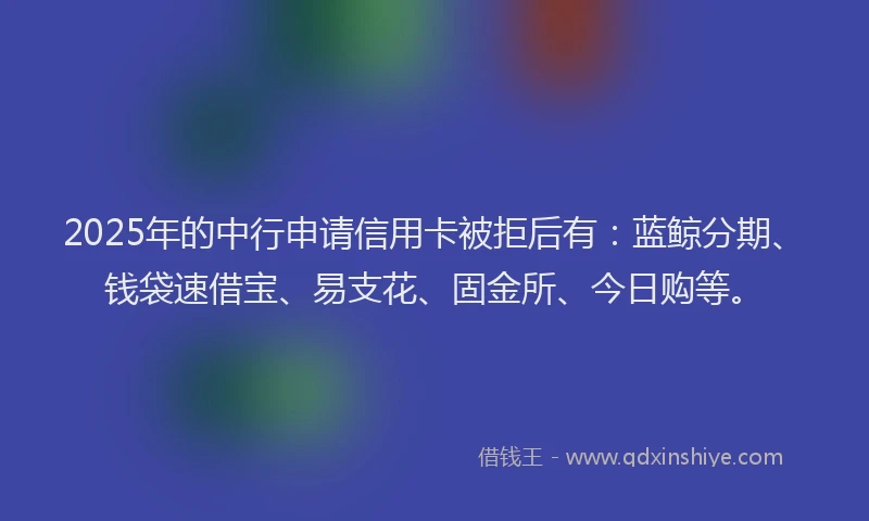 2025年的中行申请信用卡被拒后有：蓝鲸分期、钱袋速借宝、易支花、固金所、今日购等。