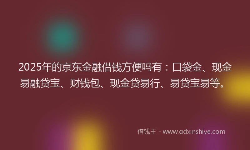 2025年的京东金融借钱方便吗有：口袋金、现金易融贷宝、财钱包、现金贷易行、易贷宝易等。
