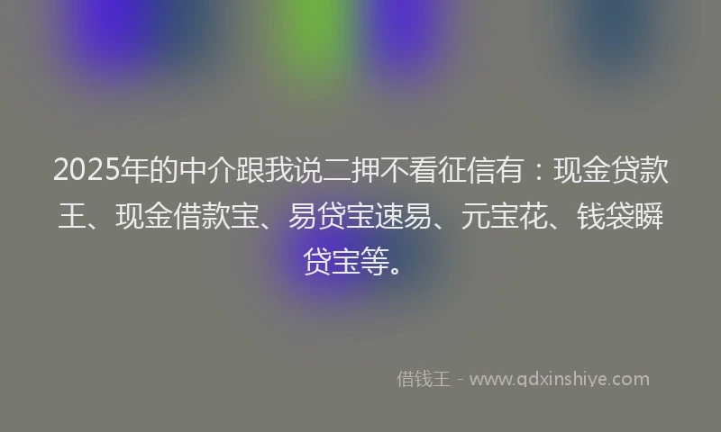 2025年的中介跟我说二押不看征信有：现金贷款王、现金借款宝、易贷宝速易、元宝花、钱袋瞬贷宝等。