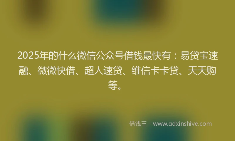 2025年的什么微信公众号借钱最快有：易贷宝速融、微微快借、超人速贷、维信卡卡贷、天天购等。
