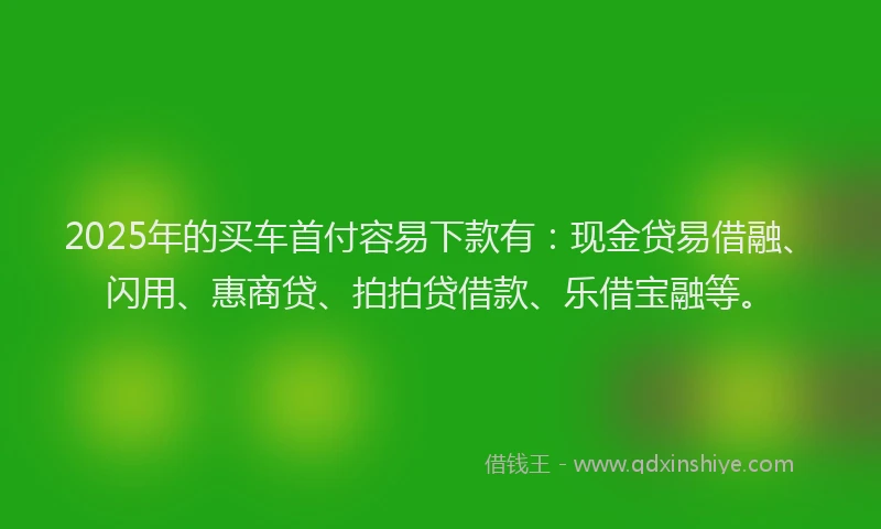 2025年的买车首付容易下款有：现金贷易借融、闪用、惠商贷、拍拍贷借款、乐借宝融等。