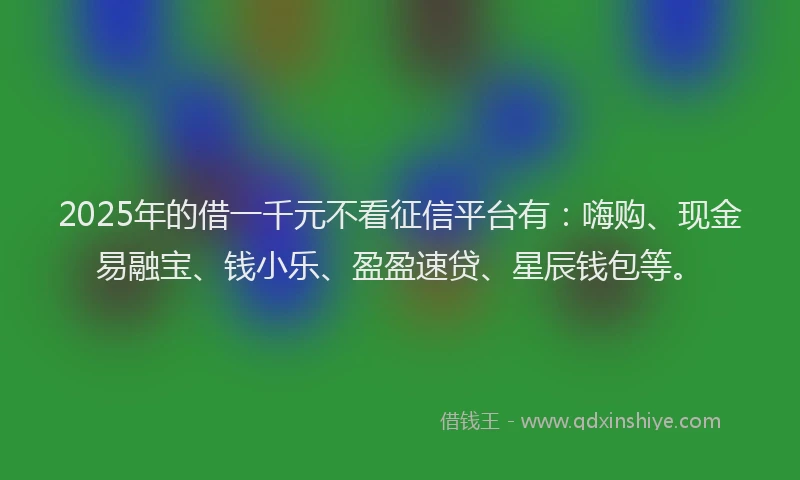 2025年的借一千元不看征信平台有：嗨购、现金易融宝、钱小乐、盈盈速贷、星辰钱包等。