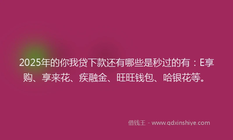 2025年的你我贷下款还有哪些是秒过的有：E享购、享来花、疾融金、旺旺钱包、哈银花等。