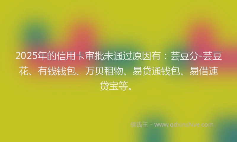 2025年的信用卡审批未通过原因有：芸豆分-芸豆花、有钱钱包、万贝租物、易贷通钱包、易借速贷宝等。