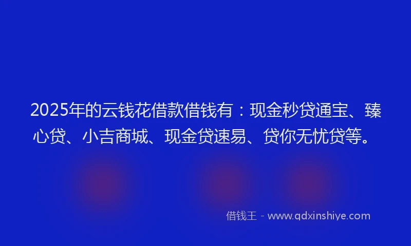 2025年的云钱花借款借钱有：现金秒贷通宝、臻心贷、小吉商城、现金贷速易、贷你无忧贷等。