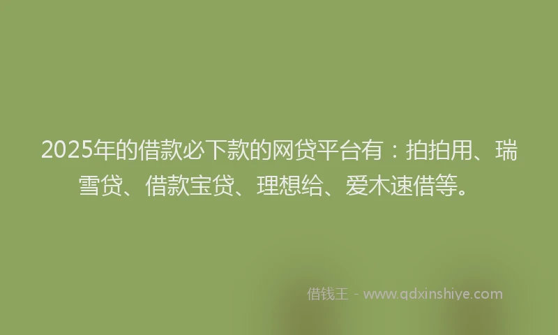2025年的借款必下款的网贷平台有：拍拍用、瑞雪贷、借款宝贷、理想给、爱木速借等。