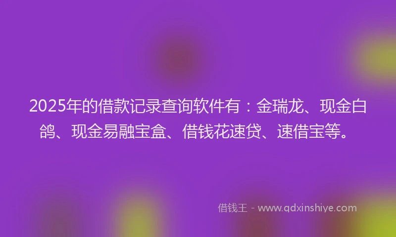 2025年的借款记录查询软件有：金瑞龙、现金白鸽、现金易融宝盒、借钱花速贷、速借宝等。