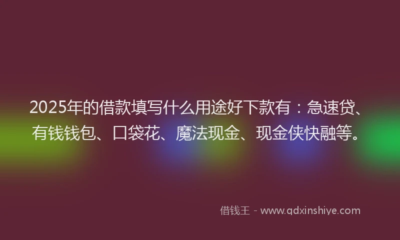 2025年的借款填写什么用途好下款有：急速贷、有钱钱包、口袋花、魔法现金、现金侠快融等。