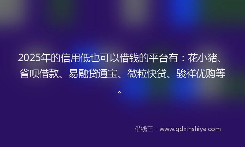 2025年的信用低也可以借钱的平台有：花小猪、省呗借款、易融贷通宝、微粒快贷、骏祥优购等。