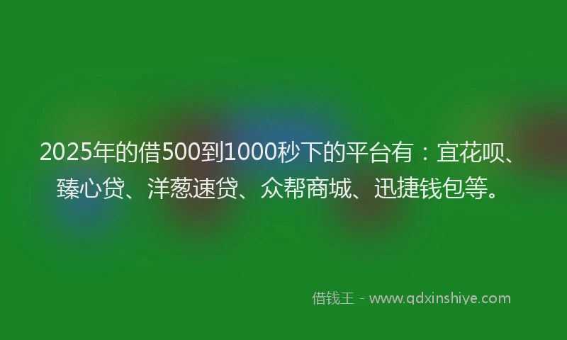 2025年的借500到1000秒下的平台有：宜花呗、臻心贷、洋葱速贷、众帮商城、迅捷钱包等。