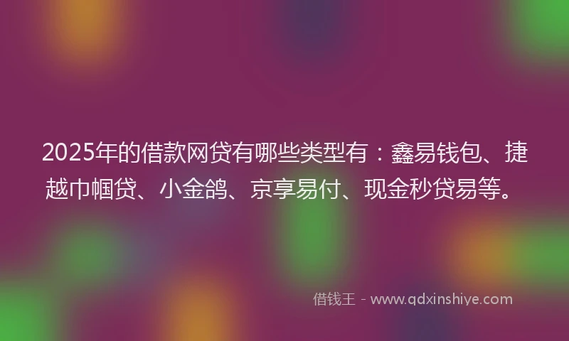 2025年的借款网贷有哪些类型有：鑫易钱包、捷越巾帼贷、小金鸽、京享易付、现金秒贷易等。