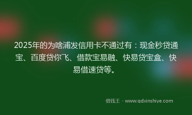 2025年的为啥浦发信用卡不通过有：现金秒贷通宝、百度贷你飞、借款宝易融、快易贷宝盒、快易借速贷等。