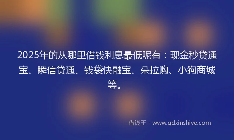 2025年的从哪里借钱利息最低呢有：现金秒贷通宝、瞬信贷通、钱袋快融宝、朵拉购、小狗商城等。