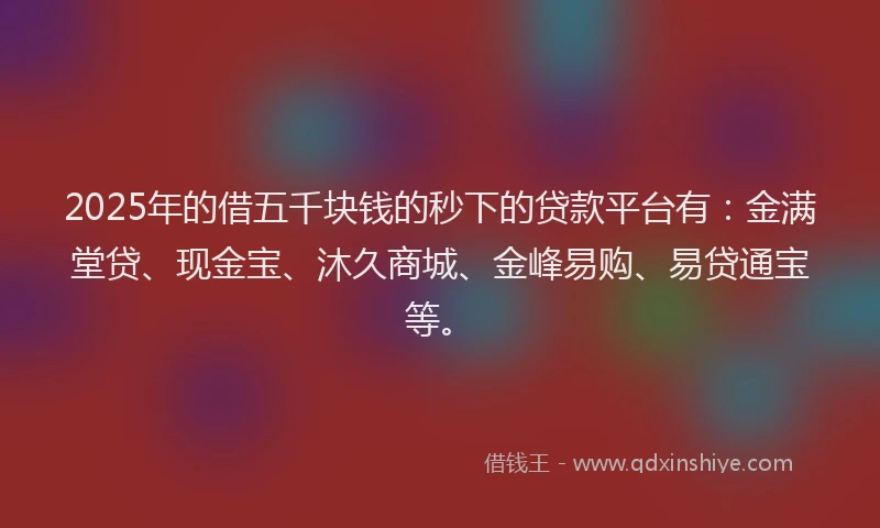 2025年的借五千块钱的秒下的贷款平台有：金满堂贷、现金宝、沐久商城、金峰易购、易贷通宝等。