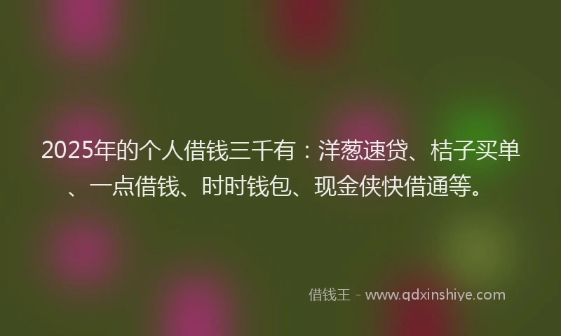 2025年的个人借钱三千有：洋葱速贷、桔子买单、一点借钱、时时钱包、现金侠快借通等。