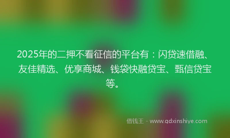2025年的二押不看征信的平台有：闪贷速借融、友佳精选、优享商城、钱袋快融贷宝、甄信贷宝等。
