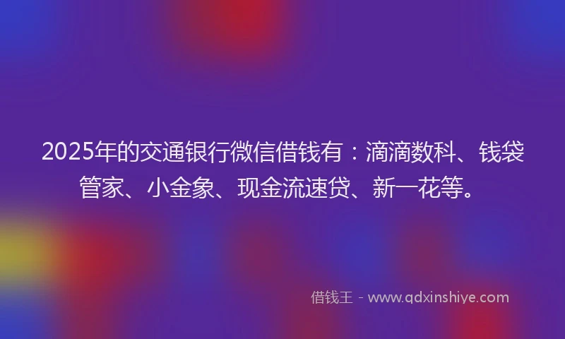2025年的交通银行微信借钱有：滴滴数科、钱袋管家、小金象、现金流速贷、新一花等。