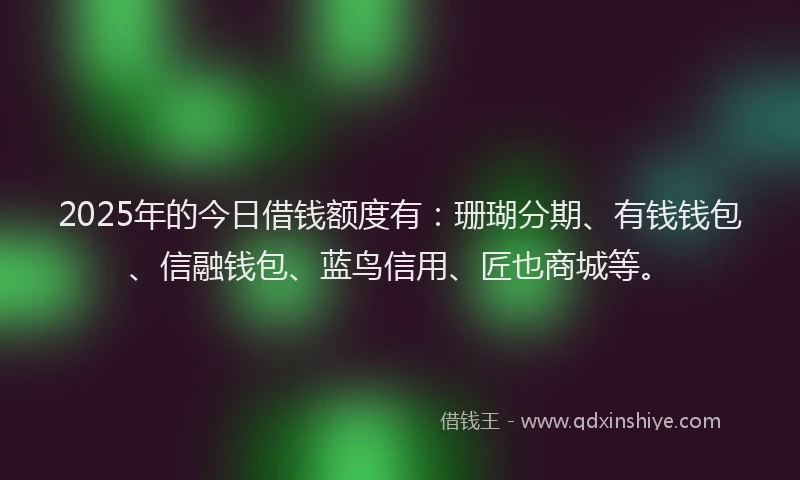 2025年的今日借钱额度有：珊瑚分期、有钱钱包、信融钱包、蓝鸟信用、匠也商城等。