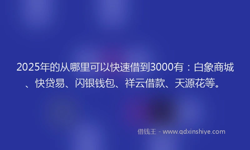 2025年的从哪里可以快速借到3000有：白象商城、快贷易、闪银钱包、祥云借款、天源花等。