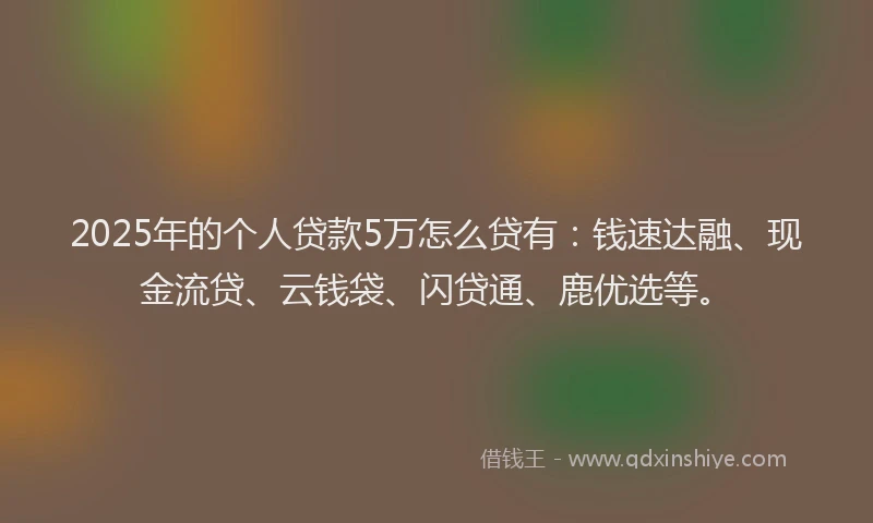 2025年的个人贷款5万怎么贷有：钱速达融、现金流贷、云钱袋、闪贷通、鹿优选等。