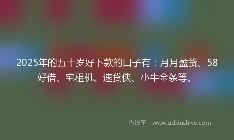 2025年的五十岁好下款的口子有：月月盈贷、58好借、宅租机、速贷侠、小牛金条等。