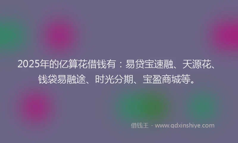2025年的亿算花借钱有：易贷宝速融、天源花、钱袋易融途、时光分期、宝盈商城等。