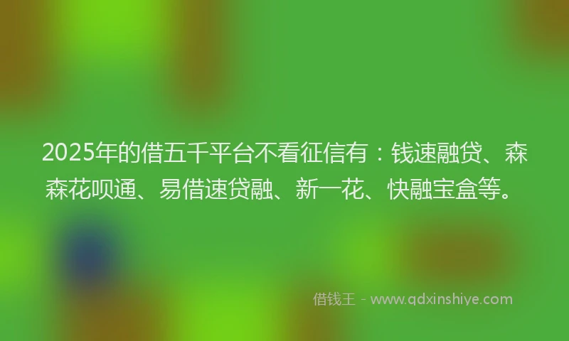2025年的借五千平台不看征信有：钱速融贷、森森花呗通、易借速贷融、新一花、快融宝盒等。