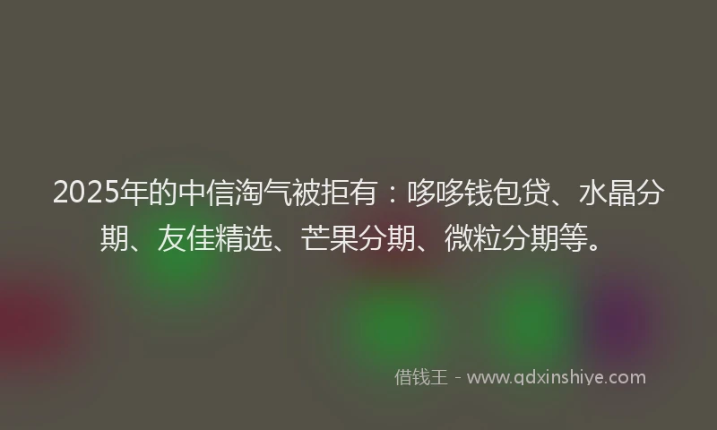 2025年的中信淘气被拒有：哆哆钱包贷、水晶分期、友佳精选、芒果分期、微粒分期等。
