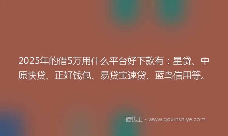 2025年的借5万用什么平台好下款有：星贷、中原快贷、正好钱包、易贷宝速贷、蓝鸟信用等。