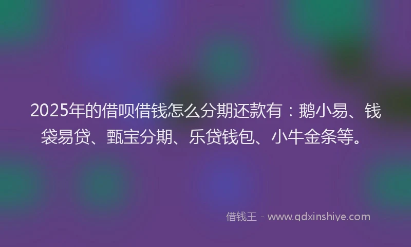 2025年的借呗借钱怎么分期还款有：鹅小易、钱袋易贷、甄宝分期、乐贷钱包、小牛金条等。