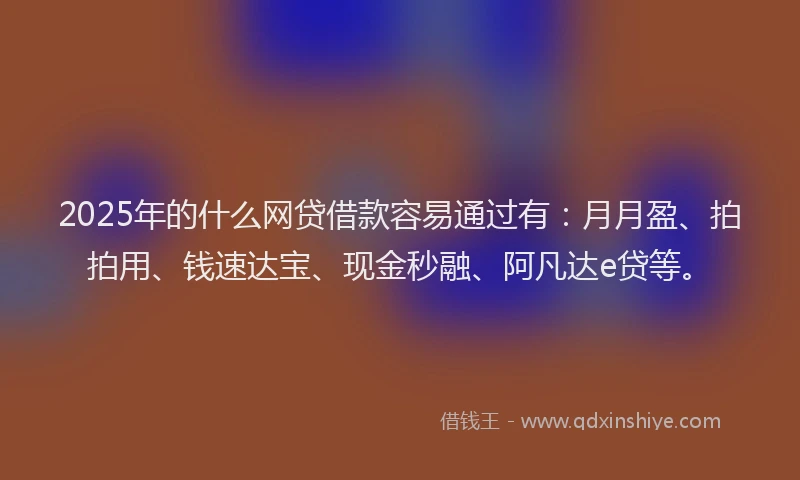 2025年的什么网贷借款容易通过有：月月盈、拍拍用、钱速达宝、现金秒融、阿凡达e贷等。
