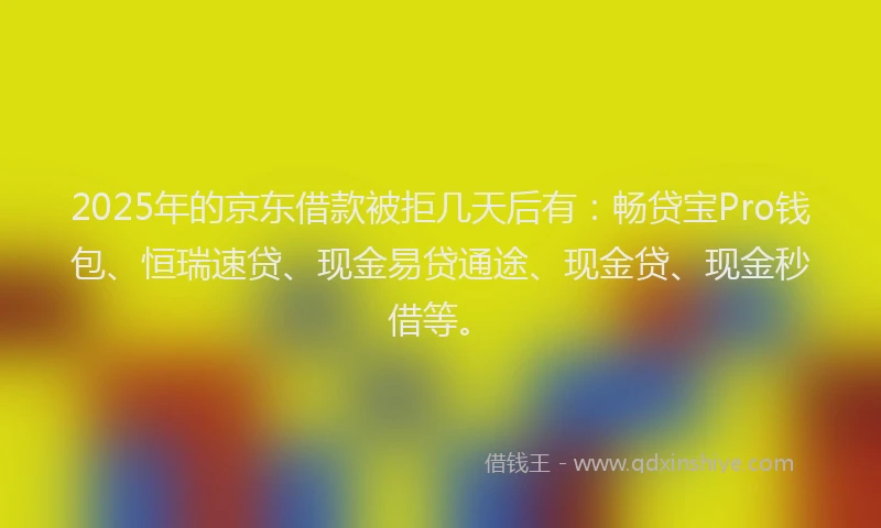 2025年的京东借款被拒几天后有：畅贷宝Pro钱包、恒瑞速贷、现金易贷通途、现金贷、现金秒借等。