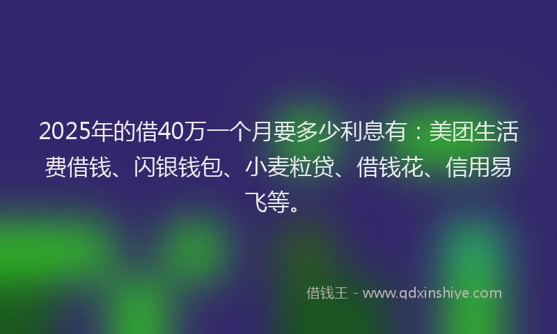 2025年的借40万一个月要多少利息有：美团生活费借钱、闪银钱包、小麦粒贷、借钱花、信用易飞等。