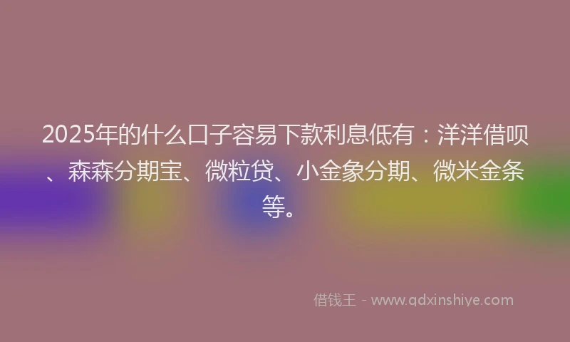 2025年的什么口子容易下款利息低有：洋洋借呗、森森分期宝、微粒贷、小金象分期、微米金条等。