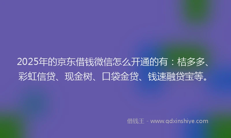 2025年的京东借钱微信怎么开通的有：桔多多、彩虹信贷、现金树、口袋金贷、钱速融贷宝等。
