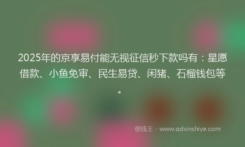 2025年的京享易付能无视征信秒下款吗有：星愿借款、小鱼免审、民生易贷、闲猪、石榴钱包等。