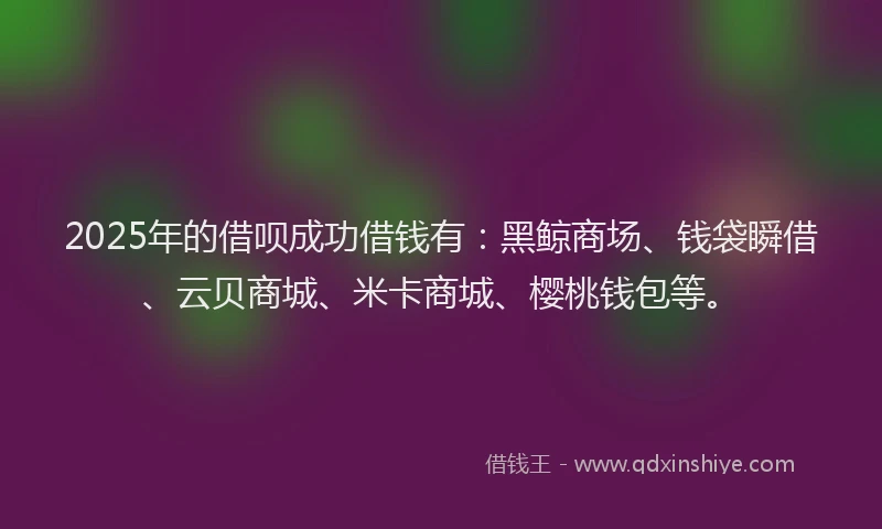 2025年的借呗成功借钱有：黑鲸商场、钱袋瞬借、云贝商城、米卡商城、樱桃钱包等。