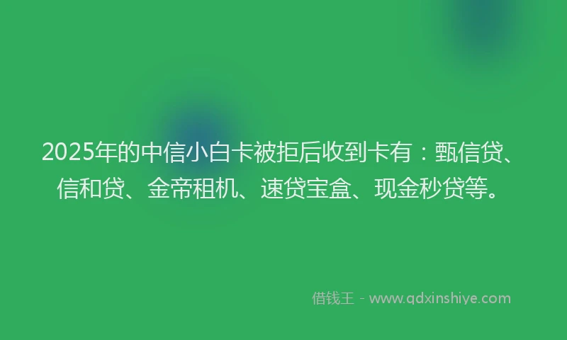 2025年的中信小白卡被拒后收到卡有：甄信贷、信和贷、金帝租机、速贷宝盒、现金秒贷等。