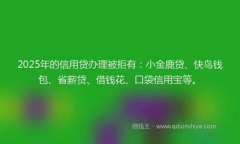 2025年的信用贷办理被拒有：小金鹿贷、快鸟钱包、省薪贷、借钱花、口袋信用宝等。