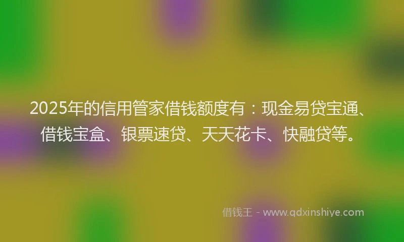 2025年的信用管家借钱额度有：现金易贷宝通、借钱宝盒、银票速贷、天天花卡、快融贷等。