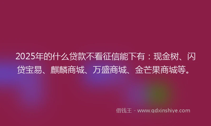 2025年的什么贷款不看征信能下有：现金树、闪贷宝易、麒麟商城、万盛商城、金芒果商城等。