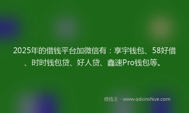 2025年的借钱平台加微信有：享宇钱包、58好借、时时钱包贷、好人贷、鑫速Pro钱包等。