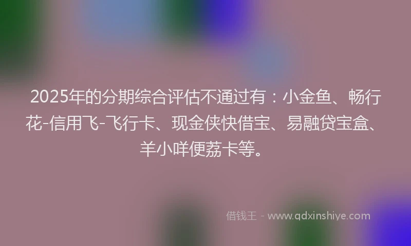 2025年的分期综合评估不通过有：小金鱼、畅行花-信用飞-飞行卡、现金侠快借宝、易融贷宝盒、羊小咩便荔卡等。