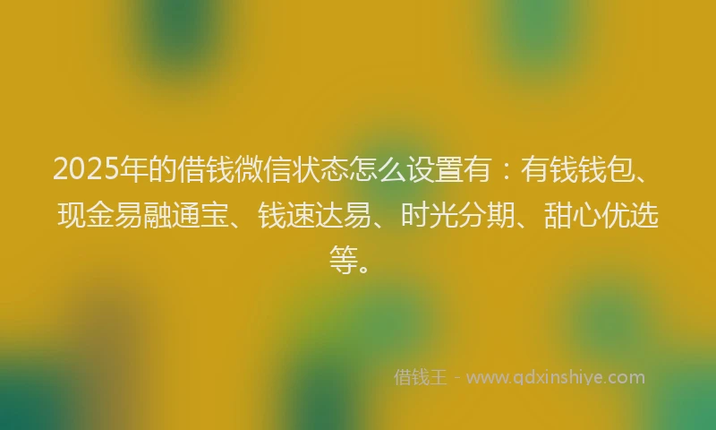 2025年的借钱微信状态怎么设置有：有钱钱包、现金易融通宝、钱速达易、时光分期、甜心优选等。