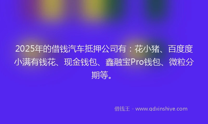 2025年的借钱汽车抵押公司有：花小猪、百度度小满有钱花、现金钱包、鑫融宝Pro钱包、微粒分期等。