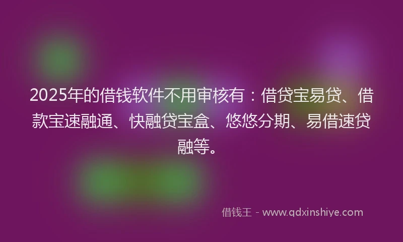 2025年的借钱软件不用审核有：借贷宝易贷、借款宝速融通、快融贷宝盒、悠悠分期、易借速贷融等。