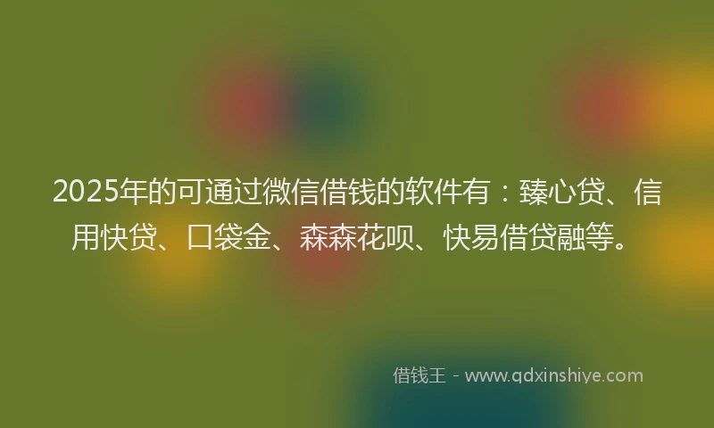 2025年的可通过微信借钱的软件有：臻心贷、信用快贷、口袋金、森森花呗、快易借贷融等。